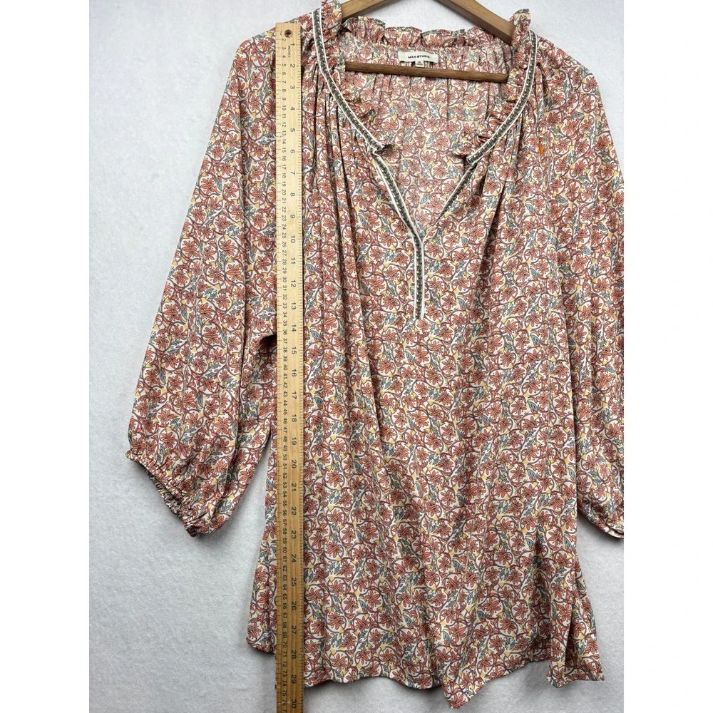 Max Studio Floral Blouse Womens 1X Ruffle Neck Peasant Top Boho Cottagecore - Picture 6 of 7